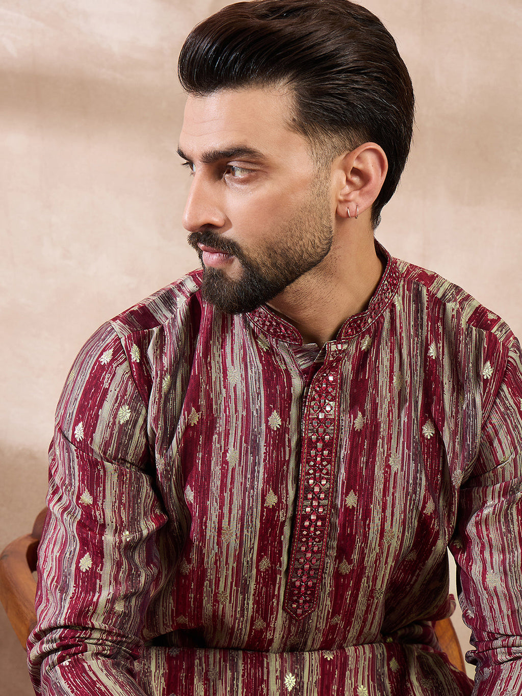 Men Maroon Silk Blend Abstract Printed Straight Kurta With Trouser-MKSET2006