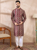 Men Maroon Silk Blend Abstract Printed Straight Kurta With Trouser-MKSET2006