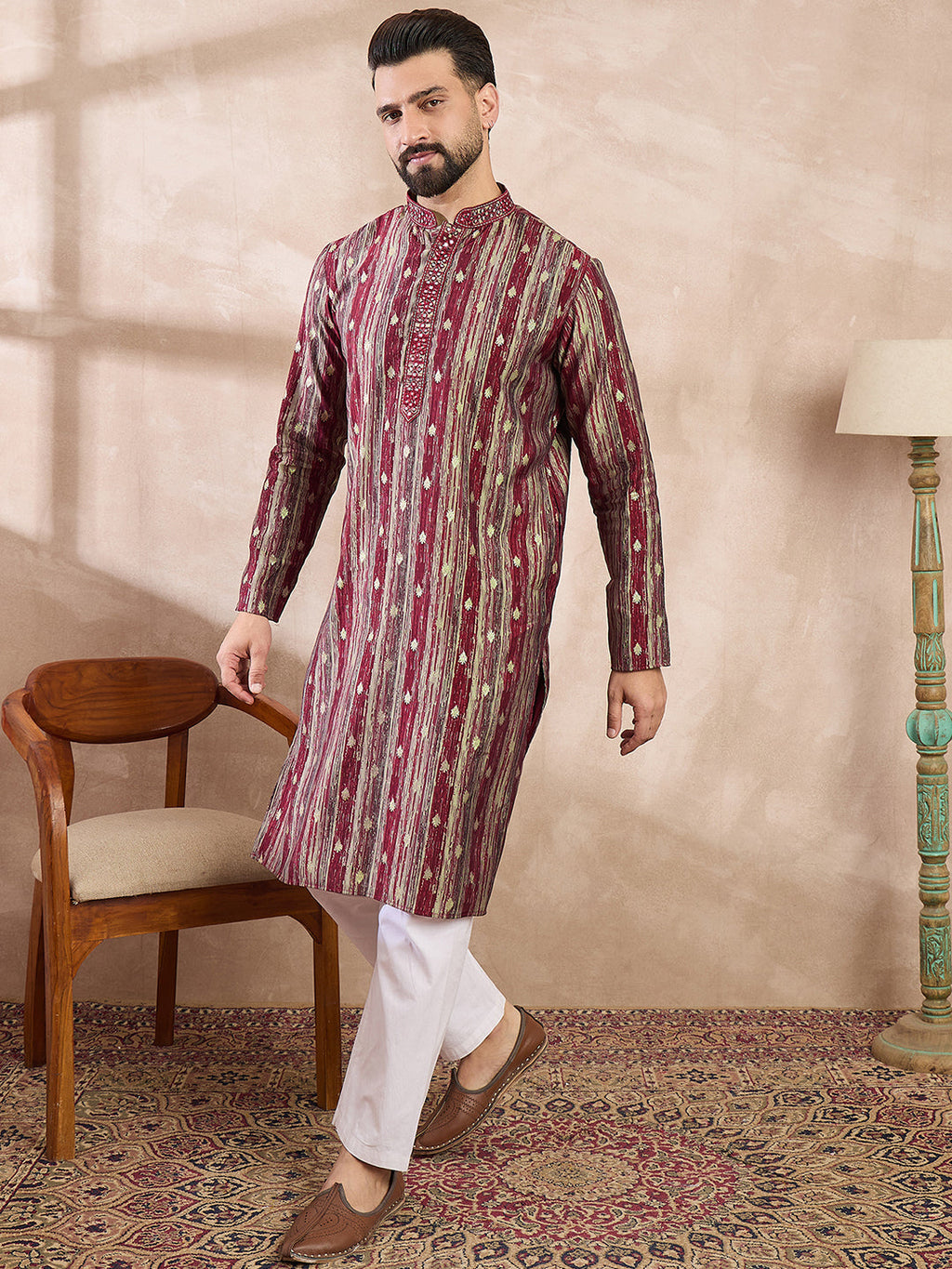 Men Maroon Silk Blend Abstract Printed Straight Kurta With Trouser-MKSET2006