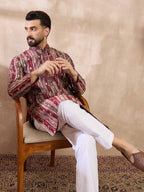 Men Maroon Silk Blend Abstract Printed Straight Kurta With Trouser-MKSET2006