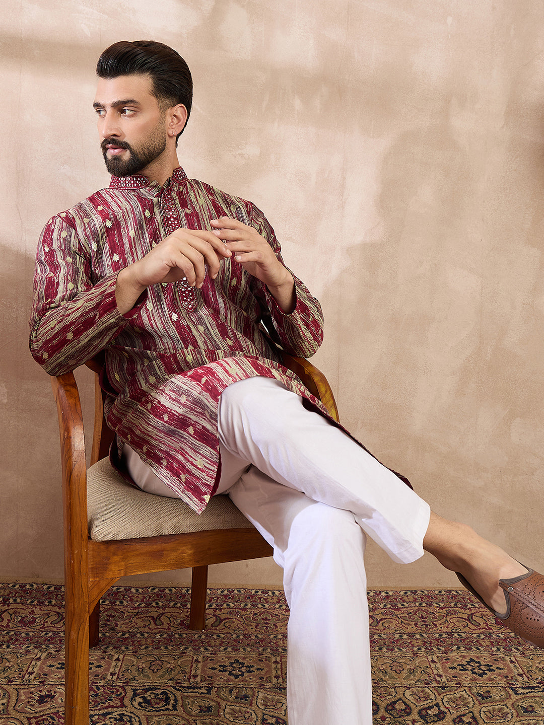 Men Maroon Silk Blend Abstract Printed Straight Kurta With Trouser-MKSET2006