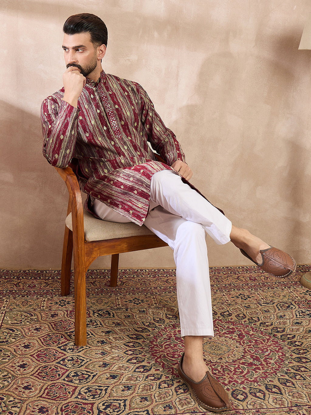 Men Maroon Silk Blend Abstract Printed Straight Kurta With Trouser-MKSET2006