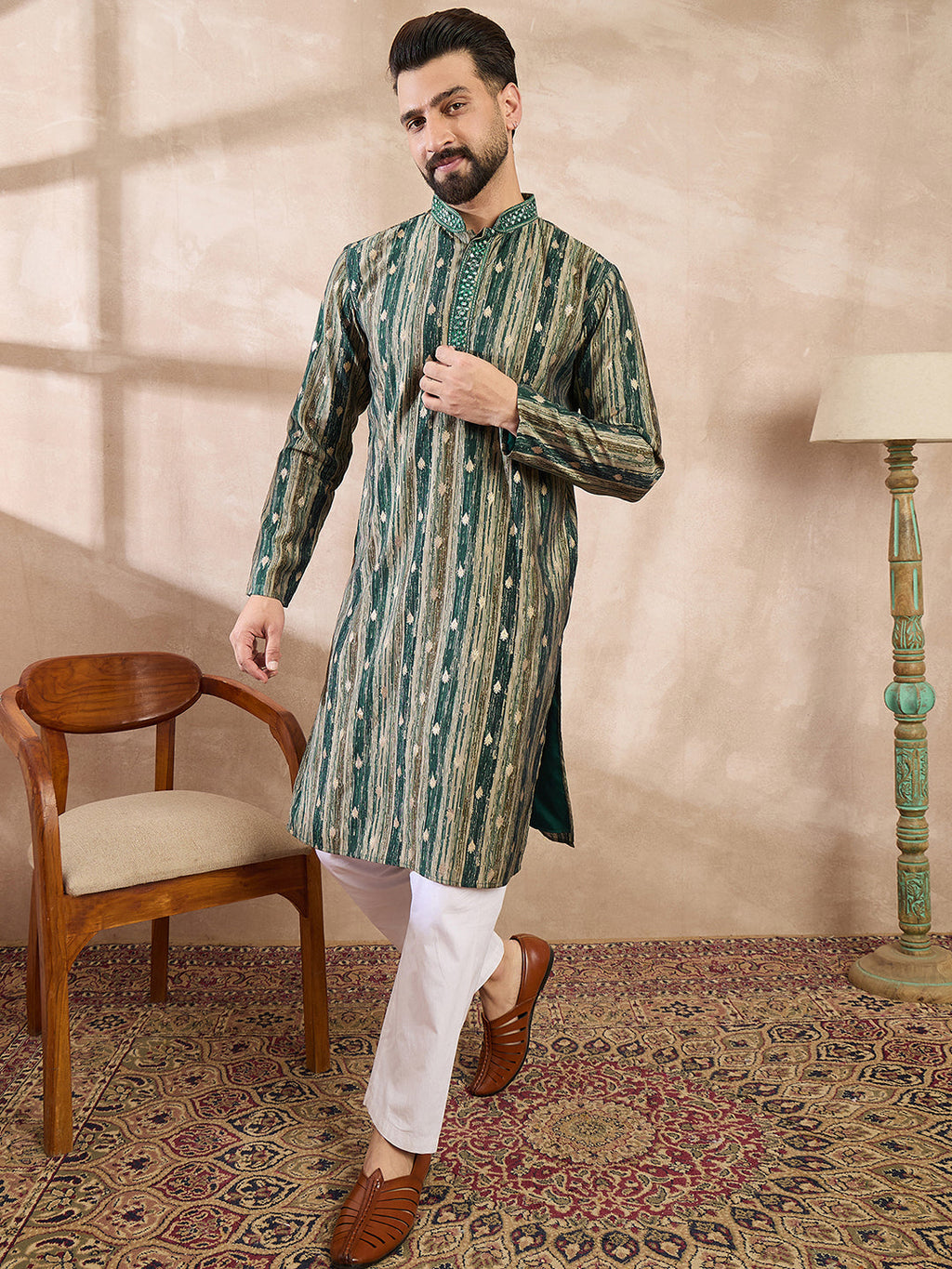 Men Green Silk Blend Abstract Printed Straight Kurta With Trouser-MKSET2007