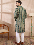Men Green Silk Blend Abstract Printed Straight Kurta With Trouser-MKSET2007