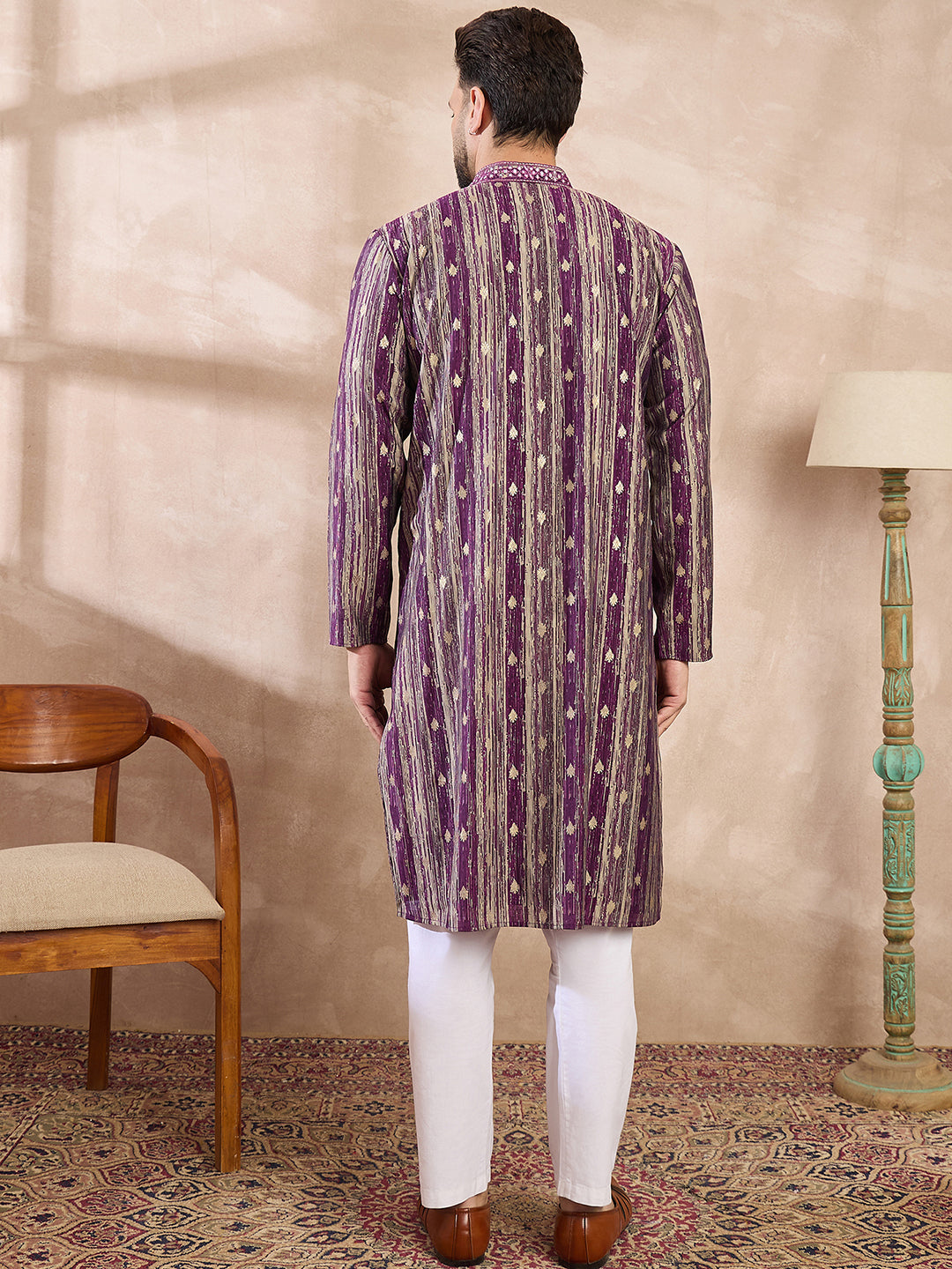 Men Purple Silk Blend Abstract Printed Straight Kurta With Trouser-MKSET2008