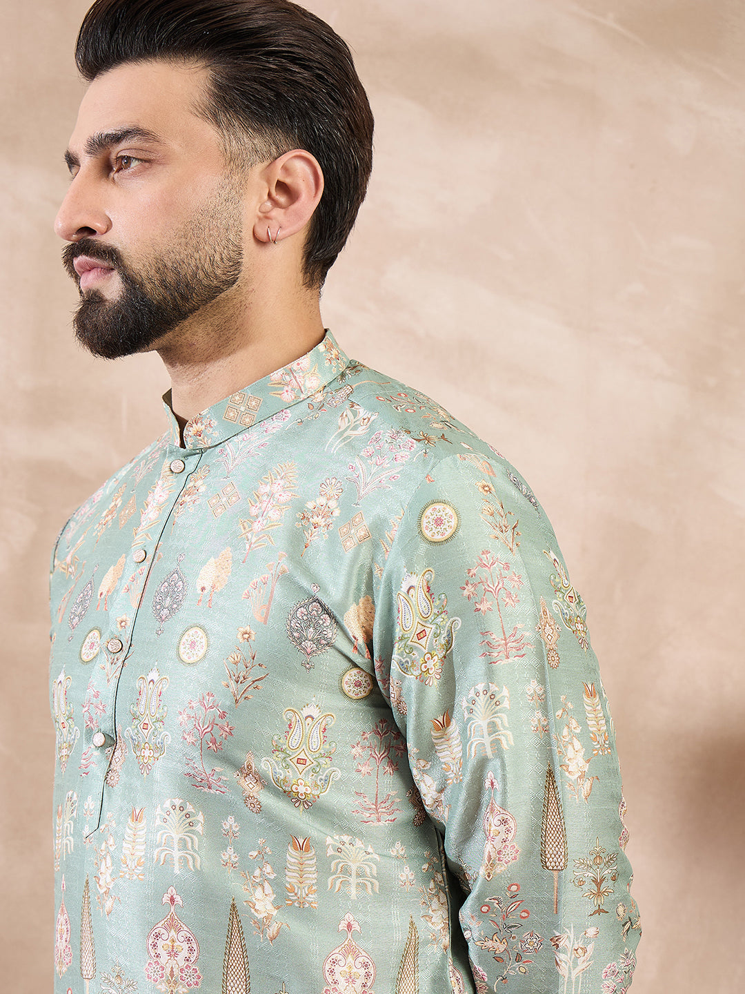 Men Green Silk Blend Floral Printed Straight Kurta With Trouser-MKSET2011