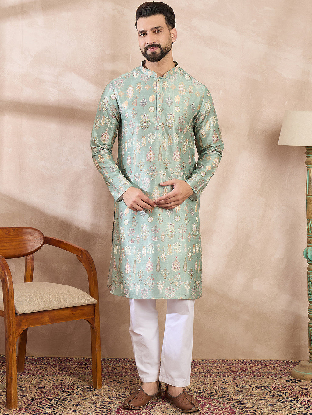 Men Green Silk Blend Floral Printed Straight Kurta With Trouser-MKSET2011