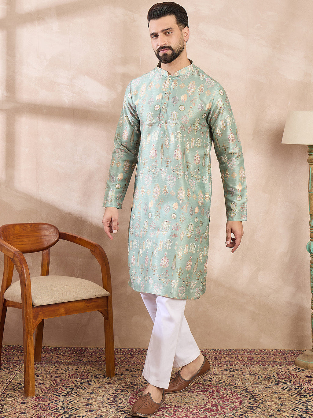 Men Green Silk Blend Floral Printed Straight Kurta With Trouser-MKSET2011
