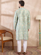 Men Green Silk Blend Floral Printed Straight Kurta With Trouser-MKSET2011