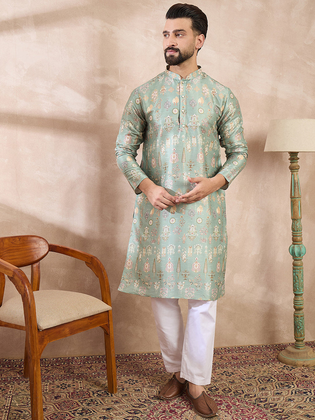 Men Green Silk Blend Floral Printed Straight Kurta With Trouser-MKSET2011