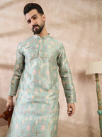Men Green Silk Blend Floral Printed Straight Kurta With Trouser-MKSET2011