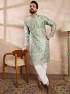 Men Green Silk Blend Floral Printed Straight Kurta With Trouser-MKSET2011