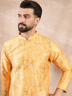 Men Yellow Silk Blend Ethnic Motifs Printed Straight Kurta With Trouser-MKSET2012