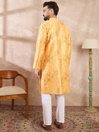 Men Yellow Silk Blend Ethnic Motifs Printed Straight Kurta With Trouser-MKSET2012