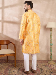 Men Yellow Silk Blend Ethnic Motifs Printed Straight Kurta With Trouser-MKSET2012
