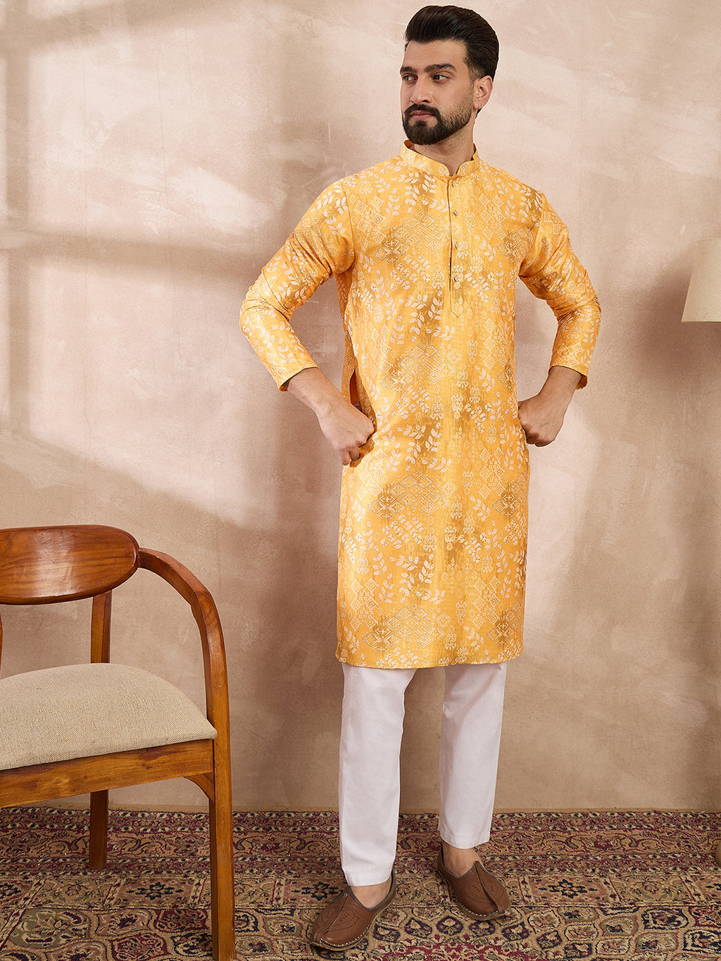 Men Yellow Silk Blend Ethnic Motifs Printed Straight Kurta With Trouser-MKSET2012