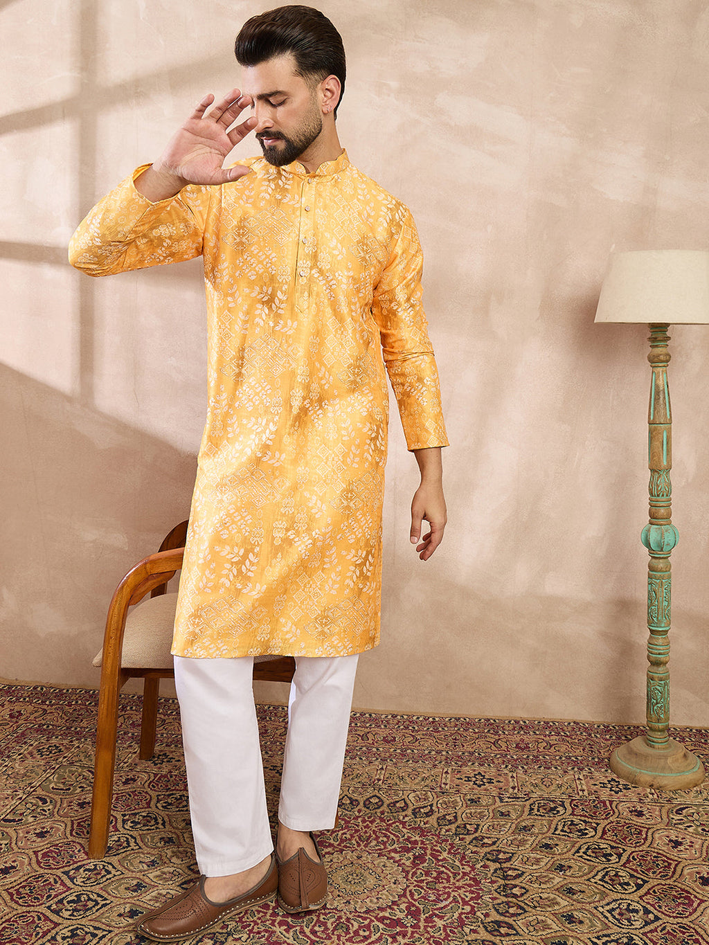 Men Yellow Silk Blend Ethnic Motifs Printed Straight Kurta With Trouser-MKSET2012