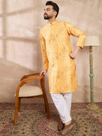 Men Yellow Silk Blend Ethnic Motifs Printed Straight Kurta With Trouser-MKSET2012