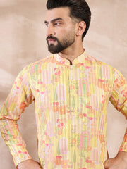 Men Yellow Silk Blend Abstract Printed Straight Kurta With Trouser-MKSET2013