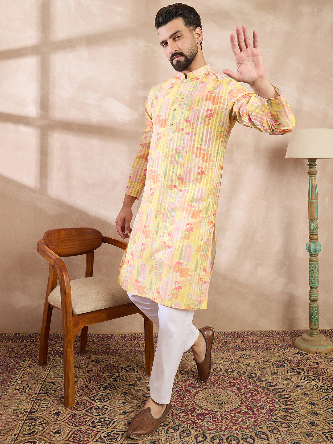 Men Yellow Silk Blend Abstract Printed Straight Kurta With Trouser-MKSET2013