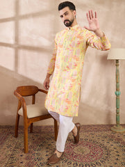 Men Yellow Silk Blend Abstract Printed Straight Kurta With Trouser-MKSET2013