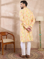 Men Yellow Silk Blend Abstract Printed Straight Kurta With Trouser-MKSET2013