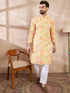 Men Yellow Silk Blend Abstract Printed Straight Kurta With Trouser-MKSET2013