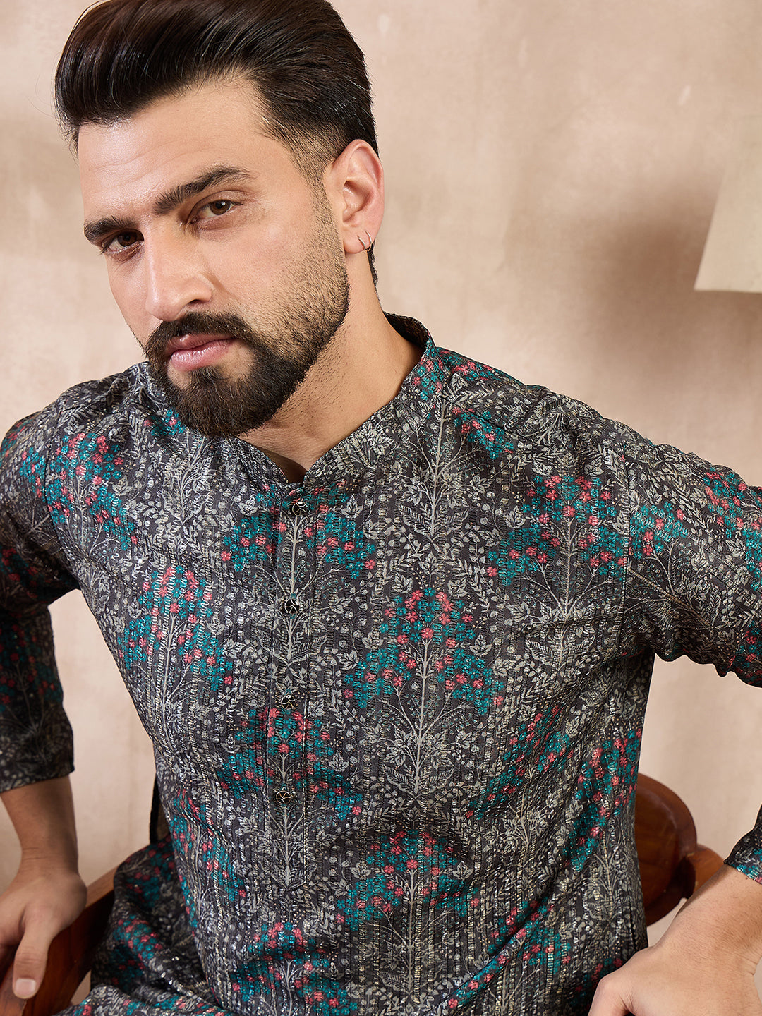 Men Black Silk Blend Floral Printed Straight Kurta With Trouser-MKSET2015
