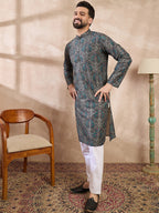 Men Black Silk Blend Floral Printed Straight Kurta With Trouser-MKSET2015