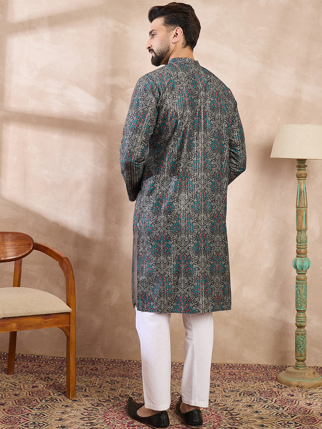 Men Black Silk Blend Floral Printed Straight Kurta With Trouser-MKSET2015