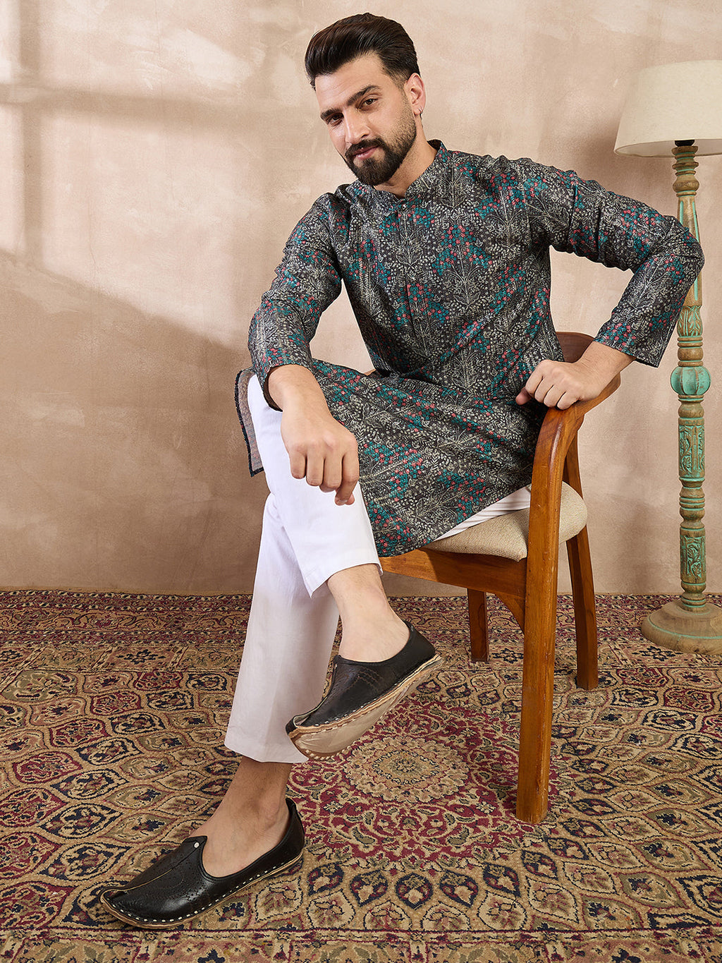 Men Black Silk Blend Floral Printed Straight Kurta With Trouser-MKSET2015