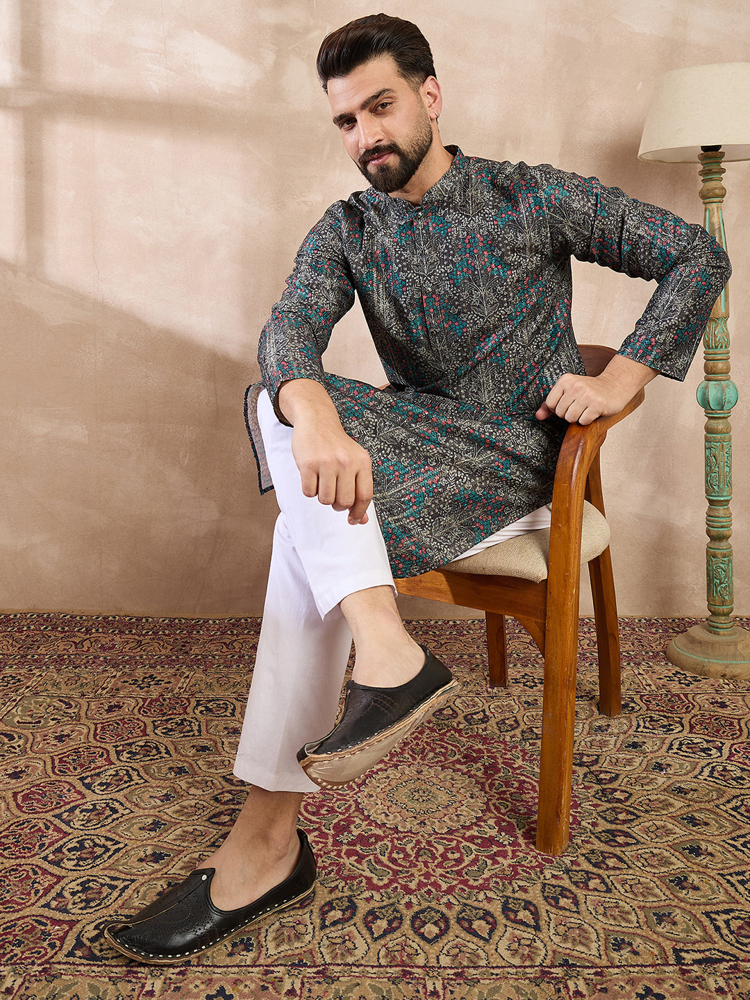 Men Black Silk Blend Floral Printed Straight Kurta With Trouser-MKSET2015
