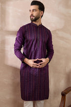 Purple Silk Blend Embroidered Mandarin Collar Straight Kurta With Trouser MKSET2038
