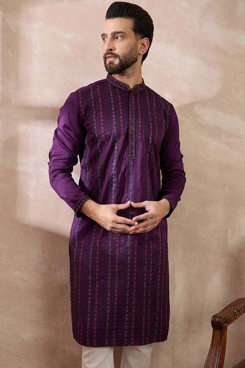Purple Silk Blend Embroidered Mandarin Collar Straight Kurta With Trouser MKSET2038
