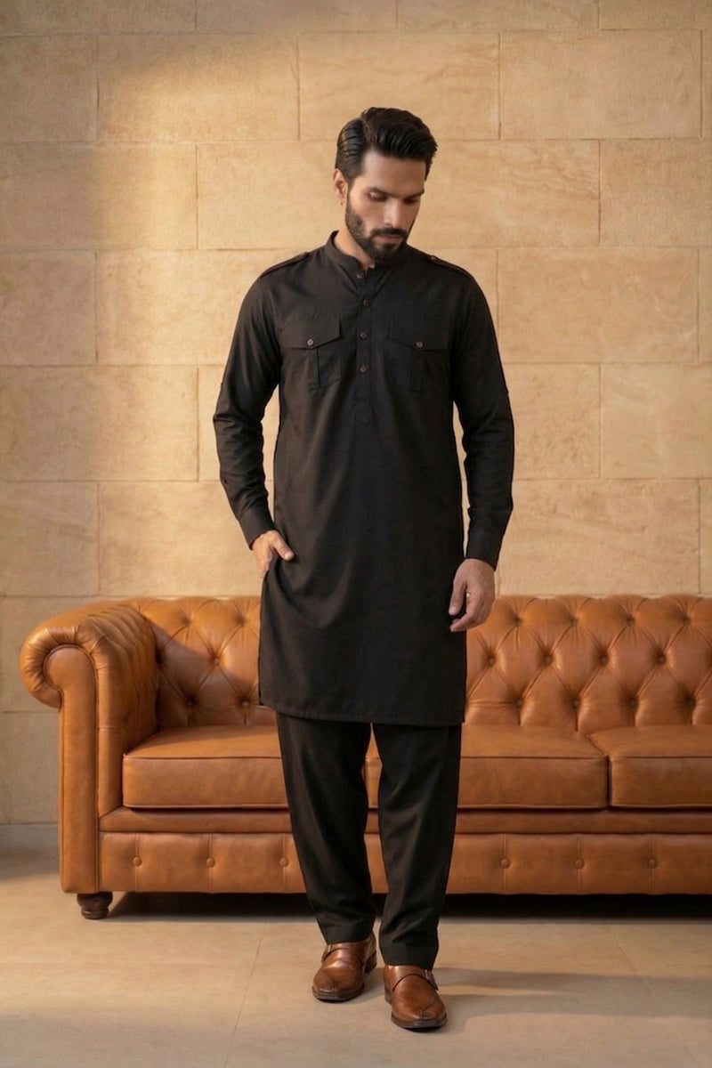 Black Viscose Rayon Solid Straight Pathani Set MKSET2199