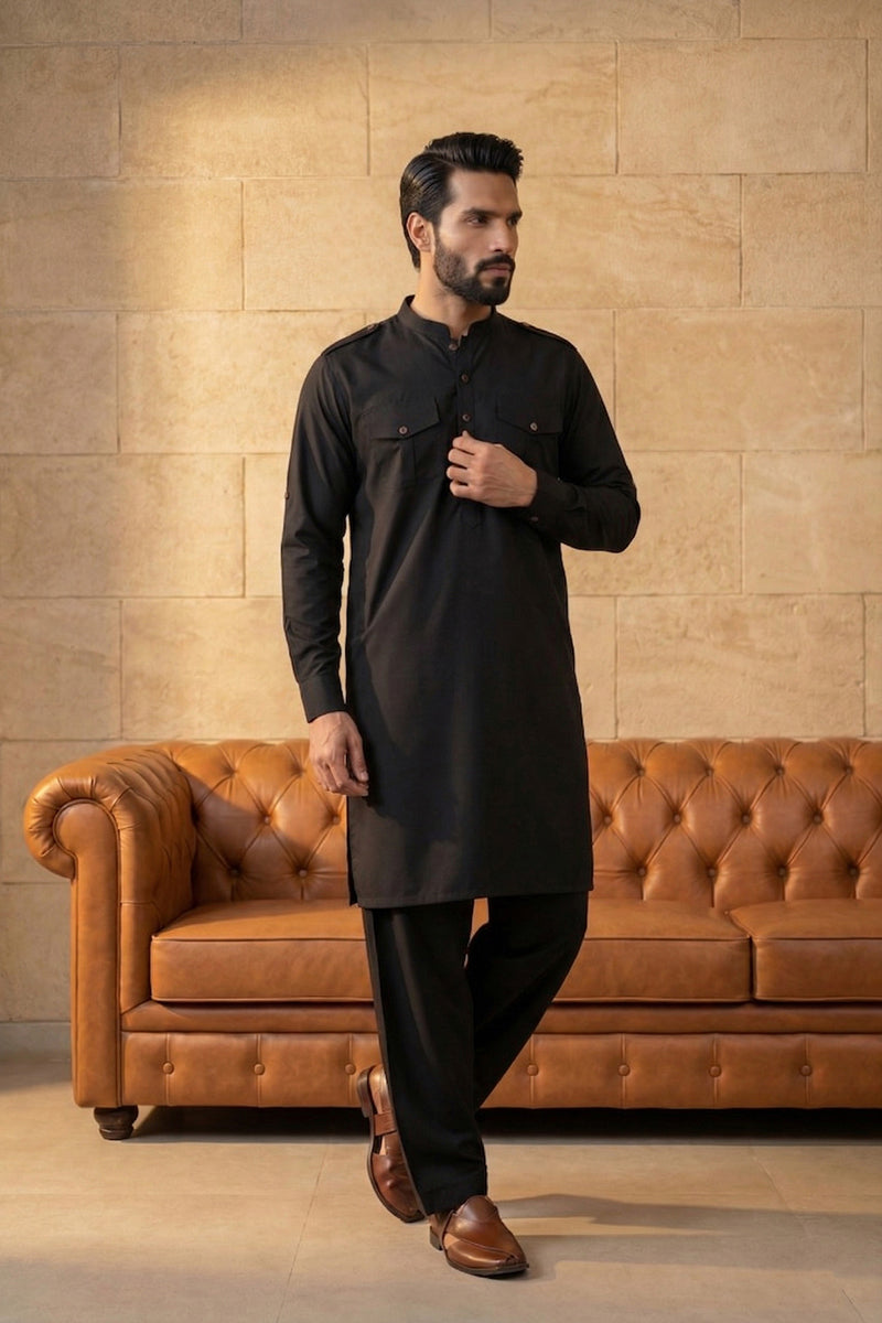 Black Viscose Rayon Solid Straight Pathani Set MKSET2199