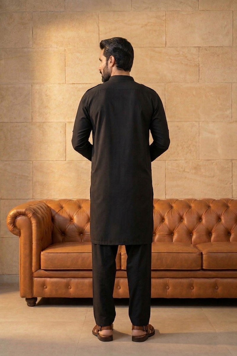 Black Viscose Rayon Solid Straight Pathani Set MKSET2199