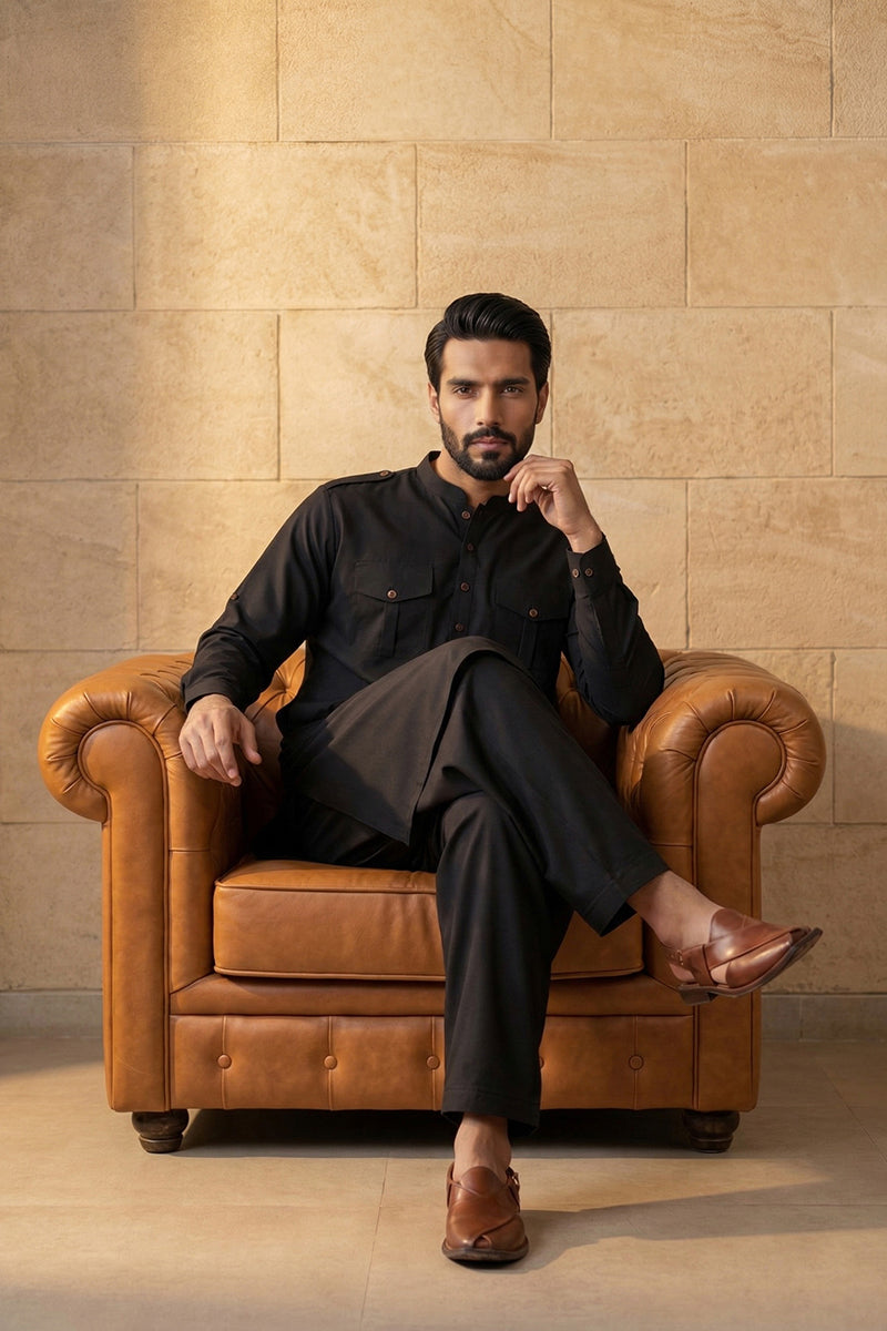 Black Viscose Rayon Solid Straight Pathani Set MKSET2199