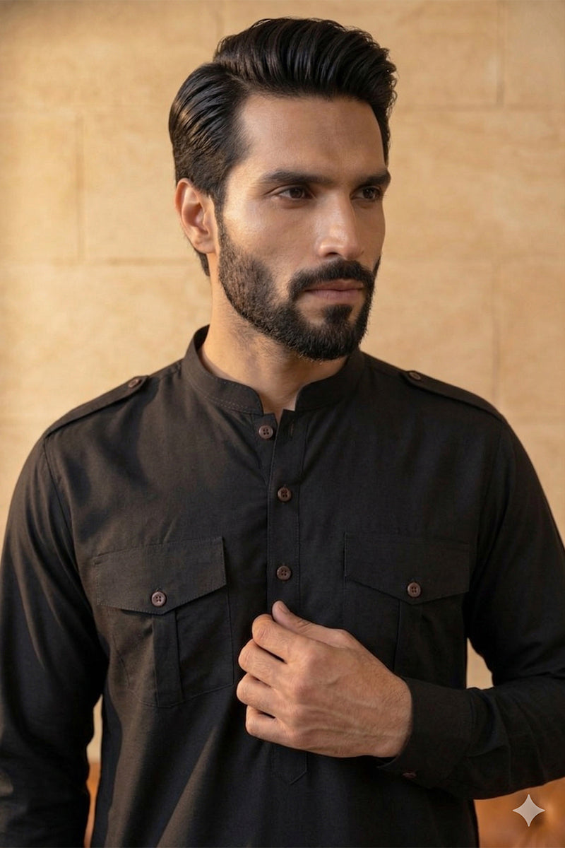 Black Viscose Rayon Solid Straight Pathani Set MKSET2199