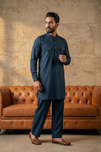 Blue Viscose Rayon Solid Straight Pathani Set MKSET2200