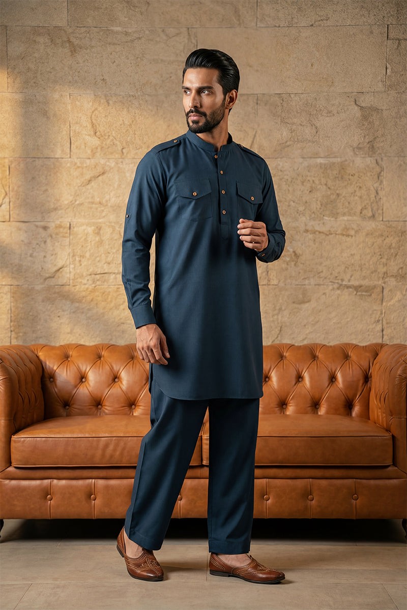Blue Viscose Rayon Solid Straight Pathani Set MKSET2200