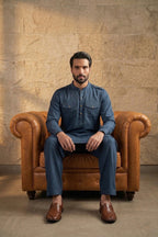 Blue Viscose Rayon Solid Straight Pathani Set MKSET2200
