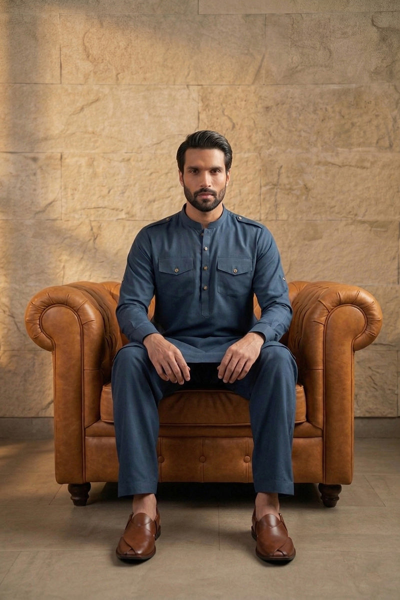 Blue Viscose Rayon Solid Straight Pathani Set MKSET2200