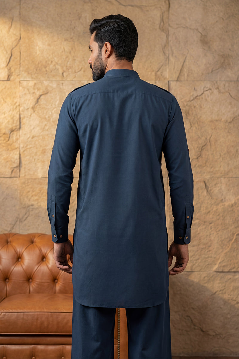 Blue Viscose Rayon Solid Straight Pathani Set MKSET2200