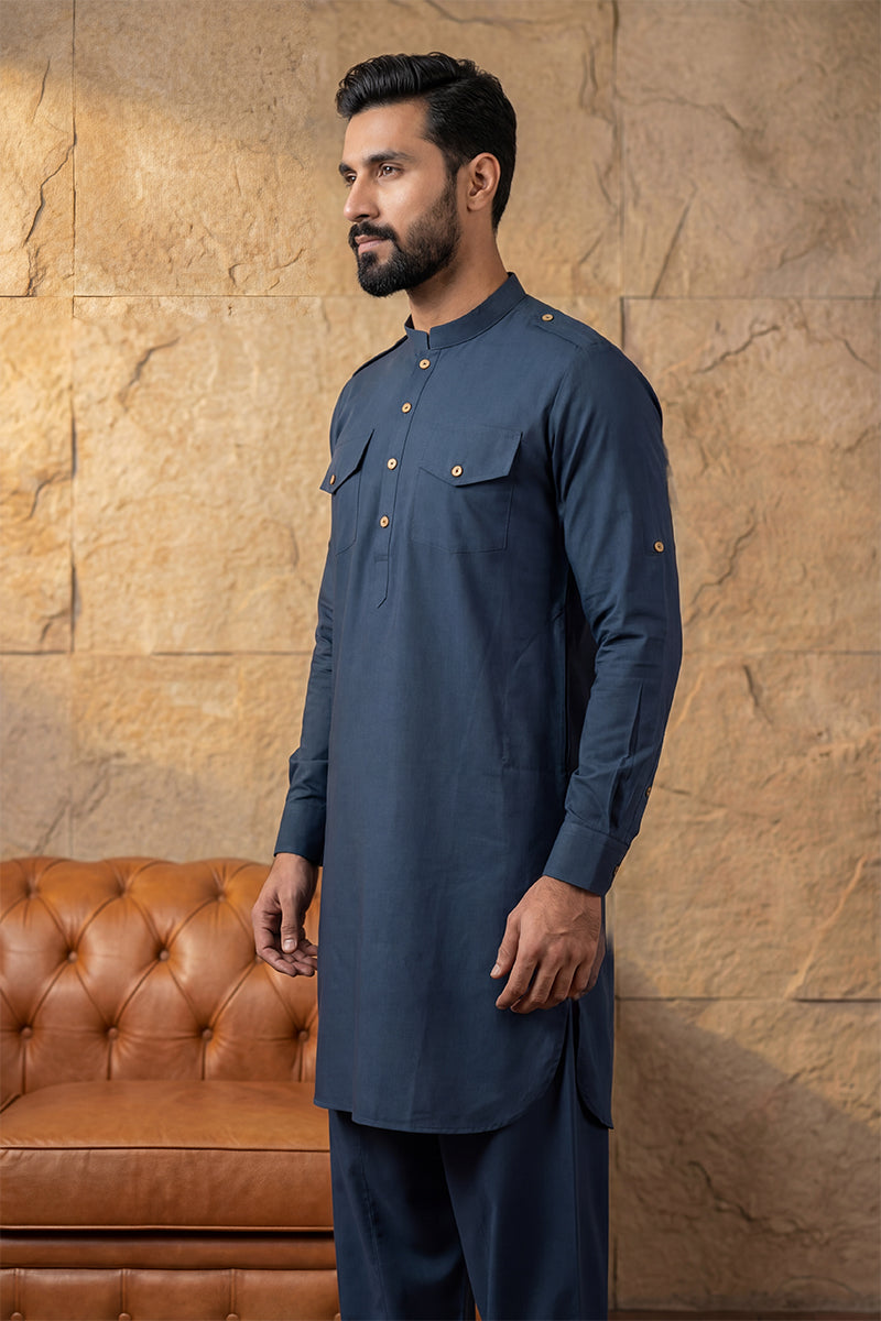 Blue Viscose Rayon Solid Straight Pathani Set MKSET2200