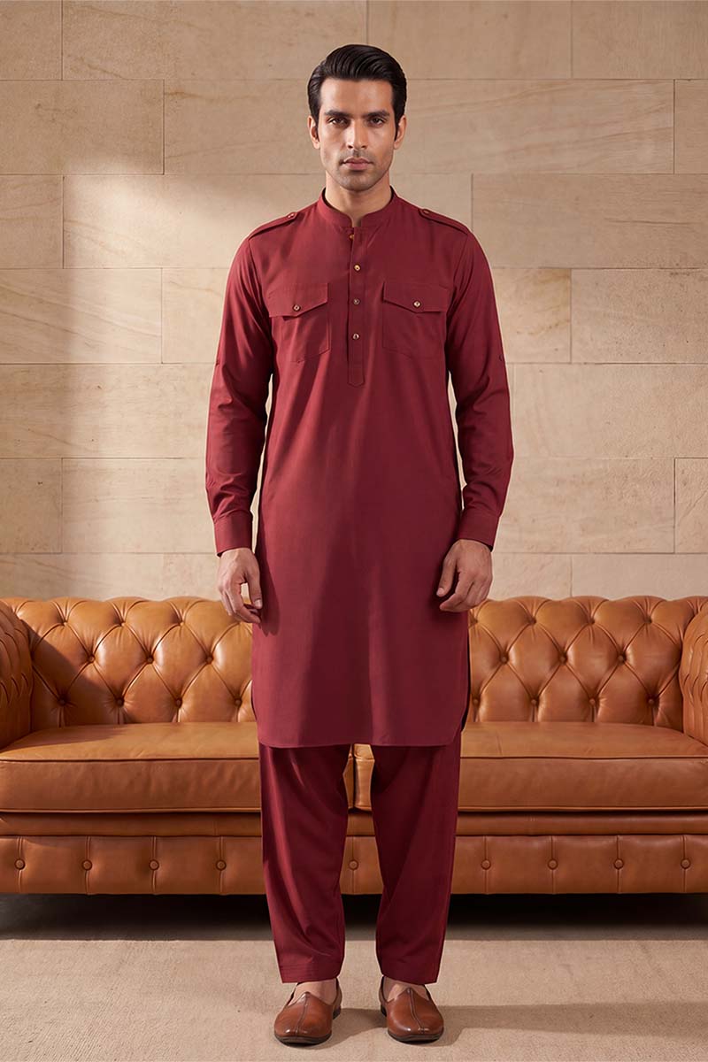 Red Viscose Rayon Solid Straight Pathani Set MKSET2370