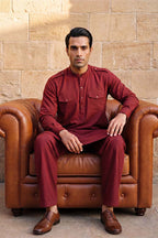 Red Viscose Rayon Solid Straight Pathani Set MKSET2370