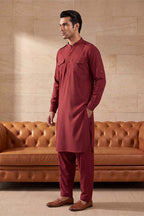 Red Viscose Rayon Solid Straight Pathani Set MKSET2370