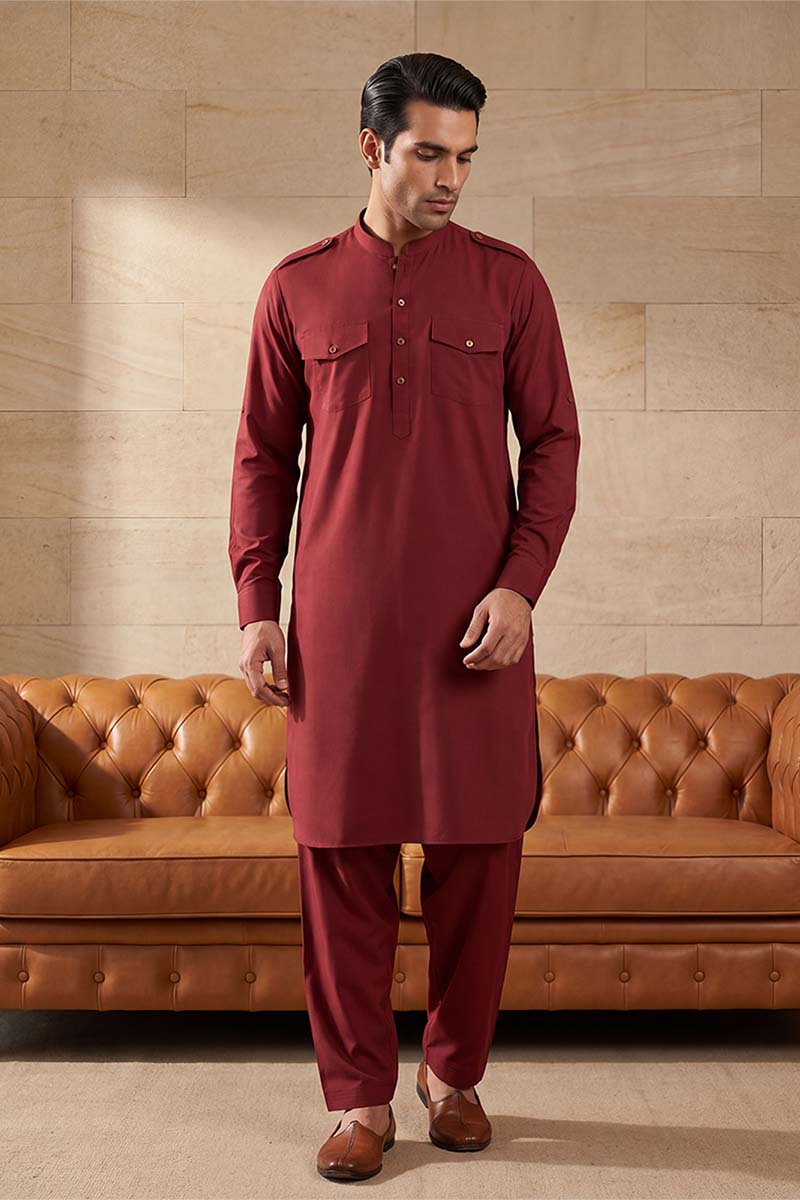 Red Viscose Rayon Solid Straight Pathani Set MKSET2370