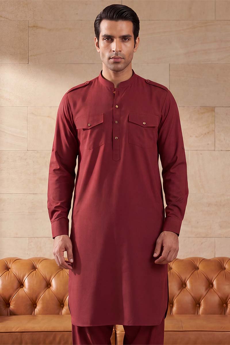 Red Viscose Rayon Solid Straight Pathani Set MKSET2370